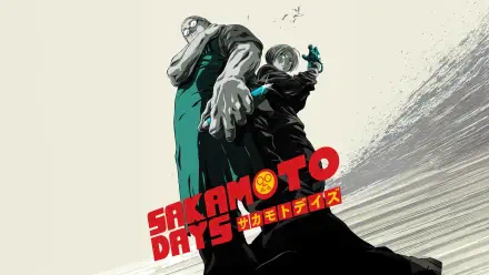 Two Sakamoto Days characters stand back-to-back in bold stylized art with the series logo and dynamic brushstroke background — 5K Ultra HD PC desktop wallpaper and background.