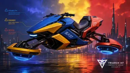 Sleek blue-and-yellow hoverbike floats above neon-reflected water with a futuristic skyline at sunset — 4K Ultra HD PC Desktop Wallpaper and Background.
