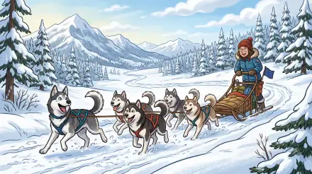 5K Ultra HD PC desktop wallpaper/background: illustrated dog sled team pulling a smiling musher through a snowy mountain valley with pine trees and a winding trail.