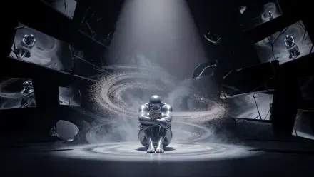 4K Ultra HD PC desktop wallpaper background I hate myself: reflective humanoid crouches in a spotlight as swirling dust and cracked mirrors encircle a dark, fragmented chamber.