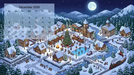 December 2026 calendar over a 5K Ultra HD PC desktop wallpaper showing a snowy mountain village at night with a lit Christmas tree, ice rink and full moon.