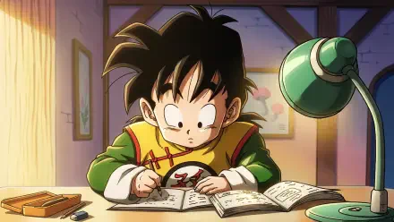 HD PC desktop wallpaper of Gohan from Dragon Ball Z: anime scene showing him studying at a wooden desk, focused on open notebooks under a green lamp in a cozy room.