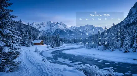 December 2026 calendar overlaid on a 5K Ultra HD PC desktop wallpaper and background: snowy river, cabin and pine‑covered mountains beneath a clear blue sky.