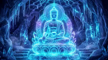 Neon-blue crystalline Buddha in lotus pose within an icy cavern, ethereal halo and glowing crystals — 5K Ultra HD PC desktop wallpaper and background.