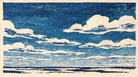 4K Ultra HD PC desktop wallpaper background showing a stylized blue sky with layered white clouds above a textured, painterly horizon in shades of blue and cream.