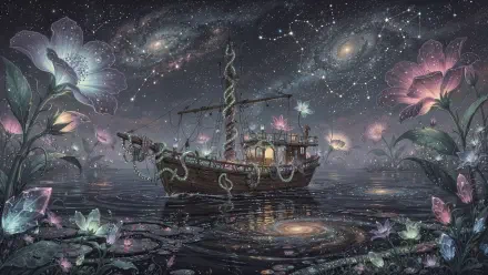 4K Ultra HD PC desktop wallpaper and background: a dreamlike fishing boat drifting on reflective waters beneath a star-filled galaxy, surrounded by glowing oversized flowers and shimmering lights.