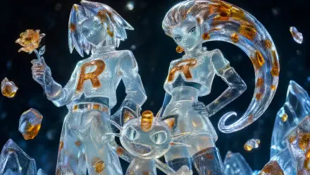 Team Rocket 4K Ultra HD PC desktop wallpaper: translucent glass-style Jessie, James and Meowth with gold accents floating against a dark, starry background.