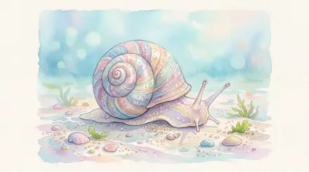 Pastel watercolor sea snail on a sandy seabed with shells and seagrass, soft bokeh — 5K Ultra HD PC desktop wallpaper and background.