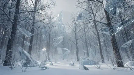 4K Ultra HD PC desktop wallpaper and background: snow-covered winter forest with bare trees and towering crystalline ice shards under a pale, misty sky.