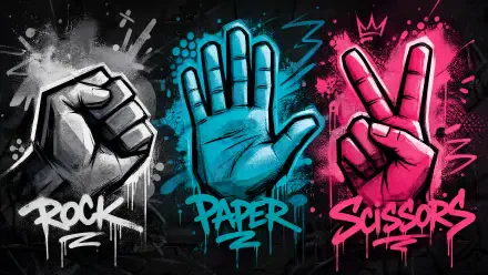 4K Ultra HD PC desktop wallpaper/background: graffiti-style rock, paper, scissors — gray fist, cyan open hand, magenta V-sign with paint-splatter accents.