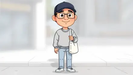 Normcore cartoon character in cap and glasses, gray sweater, jeans and tote bag on a blurred city sidewalk — 4K Ultra HD PC Desktop Wallpaper and Background.