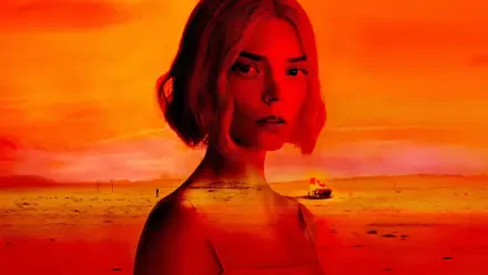 Lucky - 4K Ultra HD PC desktop wallpaper: red-orange double exposure of a woman's portrait over a vast sunlit shore with a lone boat and distant figure.
