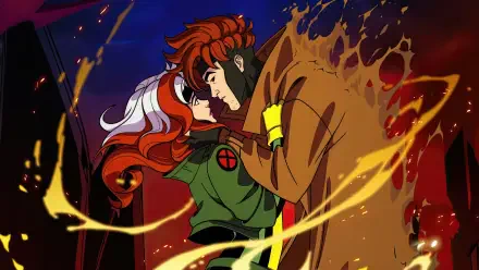 X-Men '97 4K Ultra HD PC desktop wallpaper: Rogue and Gambit embrace, her green jacket with X, his brown trench coat, surrounded by swirling kinetic energy and fiery streaks.
