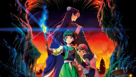 4K Ultra HD PC Desktop Wallpaper and Background of three anime characters: a green-clad girl with a blue-flame staff, a small companion and a tall guardian against a fiery sunset framed by rocky cliffs.