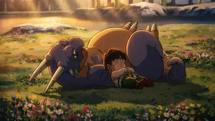 Dragon Ball Z anime HD PC desktop wallpaper/background: Gohan (Dragon Ball) naps curled against a small purple dinosaur-like companion in a sunlit, flower-strewn meadow.