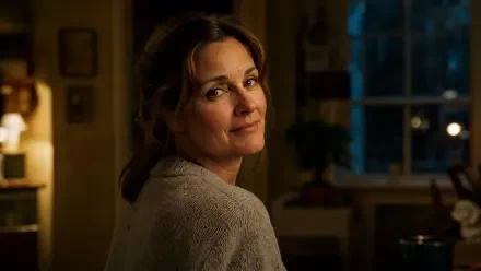 4K Ultra HD PC desktop wallpaper: warm-lit portrait of a smiling mom glancing back in a cozy home interior at dusk.