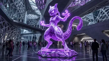 Glowing purple crystalline Mewtwo (Pokémon) sculpture in a futuristic atrium, surrounded by silhouetted visitors — 5K Ultra HD PC desktop wallpaper and background.