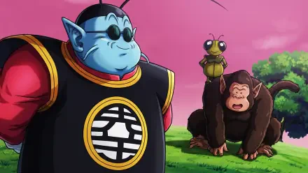 HD PC desktop wallpaper from Dragon Ball Z: Kaio (Dragon Ball) in sunglasses stands on grass with his insect and monkey companions beneath a pink sky — anime background.
