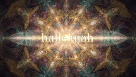 Centered hallelujah glowing over a golden-green kaleidoscopic fractal mandala; 4K Ultra HD PC desktop wallpaper and background.