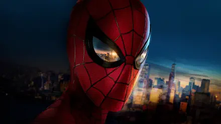 Close-up of Spider-Man's mask with reflective eyes over a glowing city skyline at dusk — Spider-Man: Brand New Day 4K Ultra HD PC desktop wallpaper/background.