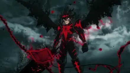Black Clover 4K Ultra HD PC desktop wallpaper and background: Asta in demonic black form, red glowing markings and winged shadow, wielding a chained sword against stormy clouds.