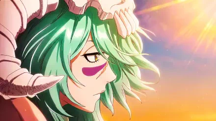 Nelliel Tu Odelschwanck from Bleach: Thousand-Year Blood War — anime girl waifu with green hair, skull helmet horn and golden eye, bathed in sunset light; 5K Ultra HD PC desktop wallpaper/background.