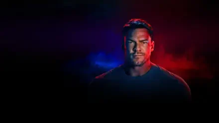 Reacher portrait under red and blue cinematic lighting, intense stare and shadowed muscles against a dark backdrop — 4K Ultra HD PC desktop wallpaper and background.