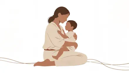 4K Ultra HD PC desktop wallpaper: warm minimalist illustration of a mother kneeling and embracing her child on a clean white background.