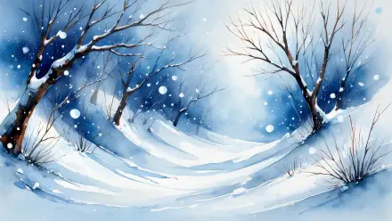 Blizzard-themed 5K Ultra HD PC desktop wallpaper and background: snowy windblown landscape with bare trees, drifting snow dunes, and soft blue-white light.