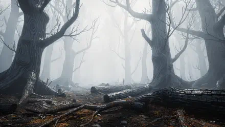 Misty Forest — 4K Ultra HD PC desktop wallpaper and background: fog-shrouded, leafless trees and fallen logs on a damp forest floor, pale light filtering through dense mist.