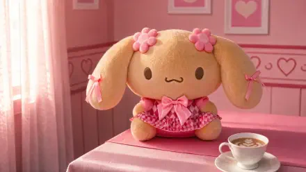 Lovelymocha 4K Ultra HD PC desktop wallpaper: plush pink bunny with flowered ears and bow dress on a pink table in a heart-decorated room beside a cup of coffee.