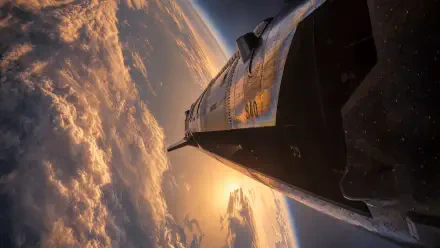 Starship (SpaceX) ascending above sunlit clouds at sunrise, dramatic angled view — 4K Ultra HD PC desktop wallpaper/background.