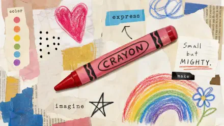 4K Ultra HD PC desktop wallpaper and background: red crayon on a mixed-media collage with rainbow, heart, star and handwritten words express, imagine, small but mighty.