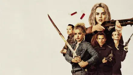 Ready or Not 2 4K Ultra HD PC desktop wallpaper: five tense, armed figures—one with a shotgun, one brandishing a sword—posed against a pale background with flying shotgun shells.