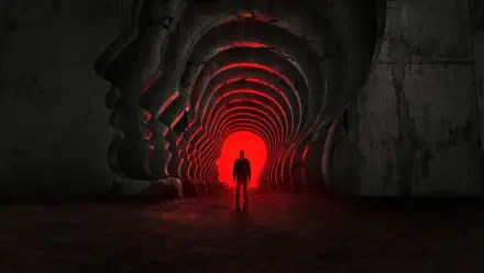 Criminal Minds 4K Ultra HD PC desktop wallpaper and background: lone silhouette faces a glowing red portal in a cavernous tunnel formed by repeated carved human profiles.