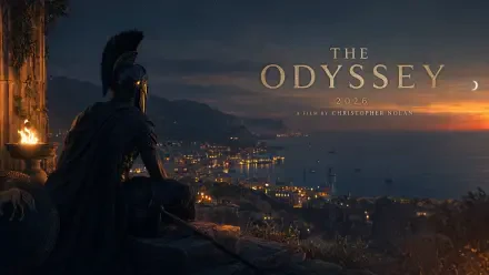 The Odyssey (2026) 4K Ultra HD PC desktop wallpaper: a helmeted warrior sits on a cliff at dusk overlooking a glowing coastal city and harbor under a moody sky.