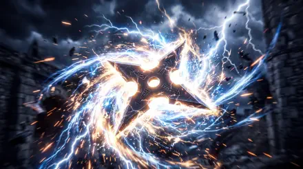 5K Ultra HD PC desktop wallpaper and background of a glowing shuriken spinning amid electric blue lightning and flying sparks between stormy stone towers.