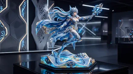 5K Ultra HD PC desktop wallpaper background of an anime figure: blue-haired armored mage with a glowing staff, poised on an ornate illuminated base in a sleek futuristic display room.