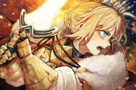 HD PC desktop wallpaper: Anime Artoria Pendragon in golden armor and crown, fierce battle-ready expression under dramatic fiery lighting.