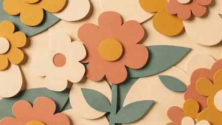 Retro floral 4K Ultra HD PC desktop wallpaper: layered paper-cut flowers and leaves in muted peach, mustard, cream and teal on a warm beige background.