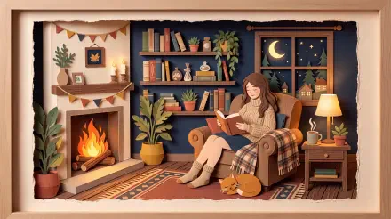 Cozy aesthetic 5K Ultra HD PC desktop wallpaper and background: a woman reads on a plaid armchair by a crackling fireplace, bookshelves, potted plants, a cat on the rug and a moonlit window.