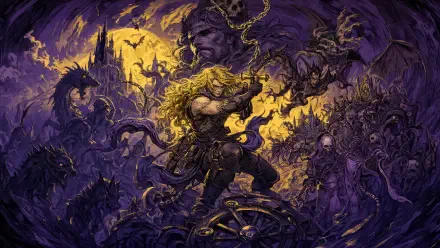 Castlevania Belmont's Curse 4K Ultra HD PC desktop wallpaper — Belmont swings a whip against a horde of bats and undead under a purple-gold gothic sky with a looming castle.