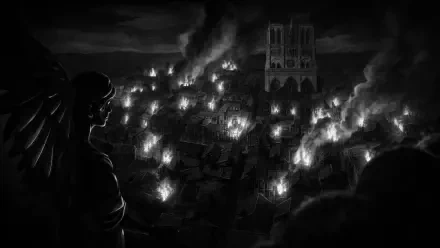 Castlevania — Belmont's Curse 4K Ultra HD PC desktop wallpaper: video game night scene of a town engulfed in fire beneath a looming castle, silhouetted gargoyle in the foreground.