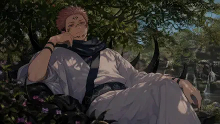 Sukuna (Jujutsu Kaisen) reclines in a sun-dappled forest in a kimono, smirking with cursed markings — high-detail 4K Ultra HD PC desktop wallpaper background.