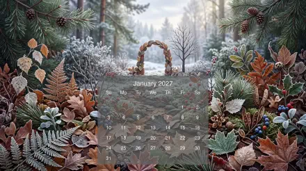 Winter forest scene with frost-covered leaves and woven basket foreground; January 2027 calendar overlay; 5K Ultra HD PC desktop wallpaper/background.