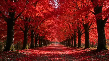 4K Ultra HD PC desktop wallpaper: crimson autumn trees forming a tunnel over a leaf-strewn forest path.