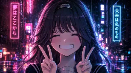 4K Ultra HD wallpaper: Kaoruko Waguri (The Fragrant Flower Blooms With Dignity) anime girl smiling and flashing double peace signs against a glowing neon city backdrop.