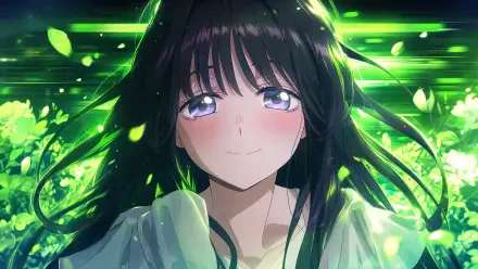 Anime portrait of Kaoruko Waguri from The Fragrant Flower Blooms With Dignity: dark-haired girl with glowing violet eyes amid green petals — 4K Ultra HD PC desktop wallpaper.