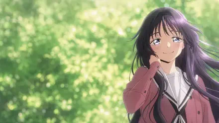Anime portrait of Kaoruko Waguri smiling with flowing dark hair against sunlit bokeh greenery; The Fragrant Flower Blooms With Dignity — 4K Ultra HD PC desktop wallpaper.