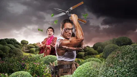 The Gardener: muscular man wielding hedge shears above sculpted topiary, shocked companion in kimono behind stormy sky — 4K Ultra HD PC desktop wallpaper/background.